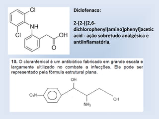 Diclofenaco:

2-[2-[(2,6-
dichlorophenyl)amino]phenyl]acetic
acid - ação sobretudo analgésica e
antiinflamatória,
 