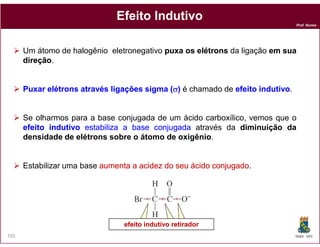 Prof. Nunes
EfeitoEfeito IndutivoIndutivo
Um átomo de halogênio eletronegativo puxapuxa osos elétronselétrons da ligação emem suasua
direçãodireção.
PuxarPuxar elétronselétrons atravésatravés ligaçõesligações sigmasigma ((σσσσσσσσ)) é chamado de efeitoefeito indutivoindutivo.
Se olharmos para a base conjugada de um ácido carboxílico, vemos que o
efeitoefeito indutivoindutivo estabilizaestabiliza aa basebase conjugadaconjugada através da diminuição da
DQOI - UFC101
efeitoefeito indutivoindutivo estabilizaestabiliza aa basebase conjugadaconjugada através da diminuição da
densidade de elétrons sobre o átomo de oxigênio.
Estabilizar uma base aumentaaumenta aa acidezacidez dodo seuseu ácidoácido conjugadoconjugado.
efeito indutivoefeito indutivo retiradorretirador
 