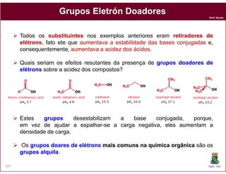 Prof. Nunes
Todos os substituintessubstituintes nos exemplos anteriores eram retiradoresretiradores dede
elétronselétrons, fato ete que aumentavaaumentava aa estabilidadeestabilidade dasdas basesbases conjugadasconjugadas e,
consequentemente, aumentavaaumentava aa acidezacidez dosdos ácidosácidos.
Quais seriam os efeitos resutantes da presença de gruposgrupos doadoresdoadores dede
elétronselétrons sobre a acidez dos compostos?
GruposGrupos EletrónEletrón DoadoresDoadores
DQOI - UFC107
Estes gruposgrupos desestabilizam a base conjugada, porque,
em vez de ajudar a espalhar-se a carga negativa, eles aumentam a
densidade de carga.
Os gruposgrupos doaresdoares dede elétronselétrons maismais comunscomuns nana químicaquímica orgânicaorgânica são os
gruposgrupos alquilaalquila.
 