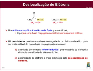 Prof. Nunes
DeslocalizaçãoDeslocalização dede ElétronsElétrons
Um ácidoácido carboxílicocarboxílico éé muitomuito maismais forteforte que um álcoolálcool,
logo temtem umauma basebase conjugadaconjugada consideravelmenteconsideravelmente maismais estávelestável.
DQOI - UFC108
Há doisdois fatoresfatores que tornam a base conjugada de um ácido carboxílico para
ser mais estável do que a base conjugada de um álcool.
1) a retirada de elétrons (efeitoefeito indutivoindutivo) pelo oxigênio da carbonila
diminui a densidade de elétrons do íon.
2) a densidade de elétrons é mais diminuída pela deslocalizaçãodeslocalização dede
elétronselétrons.
 