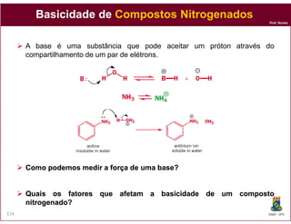 Prof. Nunes
A base é uma substância que pode aceitar um próton através do
compartilhamento de um par de elétrons.
BasicidadeBasicidade dede CompostosCompostos NitrogenadosNitrogenados
DQOI - UFC114
ComoComo podemospodemos medirmedir aa forçaforça dede umauma base?base?
QuaisQuais osos fatoresfatores queque afetamafetam aa basicidadebasicidade dede umum compostocomposto
nitrogenado?nitrogenado?
 