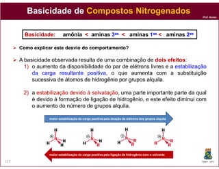 Prof. Nunes
ComoComo explicarexplicar esteeste desviodesvio dodo comportamento?comportamento?
A basicidade observada resulta de uma combinação de doisdois efeitosefeitos:
1) o aumento da disponibilidade do par de elétrons livres e a estabilizaçãoestabilização
dada cargacarga resultanteresultante positivapositiva, o que aumentaaumenta comcom aa substituiçãosubstituição
sucessivasucessiva dede átomosátomos dede hidrogêniohidrogênio porpor gruposgrupos alquilaalquila.
BasicidadeBasicidade dede CompostosCompostos NitrogenadosNitrogenados
Basicidade:Basicidade: amôniaamônia << aminasaminas 33asas << aminasaminas 11asas << aminasaminas 22asas
DQOI - UFC117
2) a estabilizaçãoestabilização devidodevido àà solvataçãosolvatação, uma parte importante parte da qual
é devido à formação de ligação de hidrogênio, e este efeito diminuidiminui comcom
oo aumentoaumento dodo númeronúmero dede gruposgrupos alquilaalquila.
maior estabilização da carga positiva pela doação de elétrons dos grupos alquilamaior estabilização da carga positiva pela doação de elétrons dos grupos alquila
maior estabilização da carga positiva pela ligação de hidrogênio com o solventemaior estabilização da carga positiva pela ligação de hidrogênio com o solvente
 