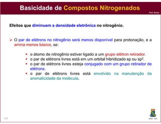Prof. Nunes
BasicidadeBasicidade dede CompostosCompostos NitrogenadosNitrogenados
EfeitosEfeitos queque diminuemdiminuem aa densidadedensidade eletrônicaeletrônica nono nitrogênionitrogênio..
O parpar dede elétronselétrons nono nitrogênionitrogênio seráserá menosmenos disponíveldisponível para protonação, e a
aminaamina menosmenos básicobásico, se:
o átomo de nitrogênio estiver ligado a um grupogrupo elétronelétron retiradorretirador.
o par de elétrons livres está em um orbitalorbital hibridizadohibridizado spsp ouou spsp22.
o par de elétrons livres esteja conjugadoconjugado comcom umum grupogrupo retiradorretirador dede
DQOI - UFC123
o par de elétrons livres esteja conjugadoconjugado comcom umum grupogrupo retiradorretirador dede
elétronselétrons.
o par de elétrons livres está envolvidoenvolvido nana manutençãomanutenção dada
aromaticidadearomaticidade dada moléculamolécula.
 