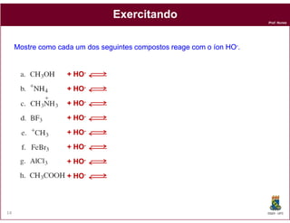 Prof. Nunes
ExercitandoExercitando
MostreMostre comocomo cadacada umum dosdos seguintesseguintes compostoscompostos reagereage comcom oo íoníon HOHO--..
+ HO+ HO--
+ HO+ HO--
+ HO+ HO--
DQOI - UFC14
+ HO+ HO--
+ HO+ HO--
+ HO+ HO--
+ HO+ HO--
+ HO+ HO--
 