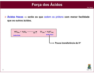 Prof. Nunes
Força dos ÁcidosForça dos Ácidos
Ácidos fracosfracos ⇒⇒⇒⇒ serão os que cedemcedem osos prótonsprótons com menormenor facilidadefacilidade
que os outros ácidos.
ácido fraco
ácido forte
Cl-
(aq) + H3O+
(aq)HCl(aq) + H2O(l)
DQOI - UFC16
PoucaPouca transferênciatransferência dede HH++
 