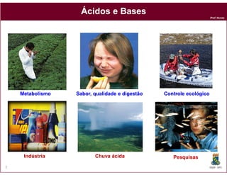 Prof. Nunes
Ácidos e BasesÁcidos e Bases
DQOI - UFC2
MetabolismoMetabolismo Sabor, qualidade e digestãoSabor, qualidade e digestão Controle ecológicoControle ecológico
IndústriaIndústria Chuva ácidaChuva ácida PesquisasPesquisas
 