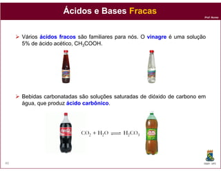 Prof. Nunes
ÁcidosÁcidos e Basese Bases FracasFracas
Vários ácidosácidos fracosfracos são familiares para nós. O vinagrevinagre é uma solução
5% de ácido acético, CH3COOH.
DQOI - UFC40
Bebidas carbonatadas são soluções saturadas de dióxido de carbono em
água, que produz ácidoácido carbônicocarbônico.
 