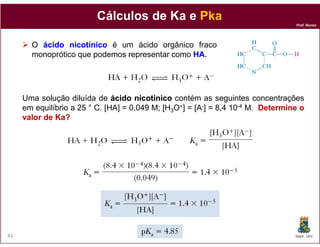 Prof. Nunes
CálculosCálculos de Ka ede Ka e PkaPka
O ácidoácido nicotíniconicotínico é um ácido orgânico fraco
monoprótico que podemos representar como HAHA.
Uma solução diluída de ácidoácido nicotíniconicotínico contém as seguintes concentrações
em equilíbrio a 25 ° C. [HA] = 0,049 M; [H3O+] = [A-] = 8,4 10-4 M. DetermineDetermine oo
valorvalor dede Ka?Ka?
DQOI - UFC43
 