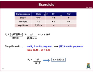 Prof. Nunes
ExercícioExercício
Concentração HNic H+ Nic-
início 0,10 ~ 0 0
variação - x + x + x
equilíbrio 0,10 - x x x
+
Ka = [H3O+] [Nic-] = x2 = 1,4 x 10-5
DQOI - UFC50
[Hnic] (0,10 - x)
Simplificando.... sese KKaa éé muitomuito pequenopequeno [H[H++]] éé muitomuito pequenapequena
logologo ((00,,1010 –– x)x) == 00,,1010
Ka = x2 x = 0,0012
0,10
 
