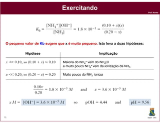 Prof. Nunes
ExercitandoExercitando
MaioriaMaioria dodo NHNH ++ vemvem dodo NHNH ClCl
O pequeno valor deO pequeno valor de KbKb sugere quesugere que xx é muito pequeno.é muito pequeno. Isto leva a duas hipóteses:Isto leva a duas hipóteses:
ImplicaçãoImplicaçãoHipóteseHipótese
DQOI - UFC76
Muito pouco do NHMuito pouco do NH33 ionizaioniza
MaioriaMaioria dodo NHNH44
++ vemvem dodo NHNH44ClCl
ee muitomuito poucopouco NHNH44
++ vemvem dada ionizaçãoionização dada NHNH33
 
