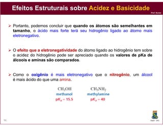 Prof. Nunes
EfeitosEfeitos EstruturaisEstruturais sobresobre AcidezAcidez ee BasicidadeBasicidade
Portanto, podemos concluir que quandoquando osos átomosátomos sãosão semelhantessemelhantes emem
tamanhotamanho, o ácidoácido maismais forteforte teráterá seuseu hidrogêniohidrogênio ligadoligado aoao átomoátomo maismais
eletronegativoeletronegativo.
O efeitoefeito queque aa eletronegatividadeeletronegatividade do átomo ligado ao hidrogênio tem sobre
o acidez do hidrogênio pode ser apreciado quando os valoresvalores dede pKapKa dede
álcooisálcoois ee aminasaminas sãosão comparadoscomparados.
DQOI - UFC96
Como o oxigêniooxigênio éé maismais eletronegativoeletronegativo que o nitrogênionitrogênio, um álcoolálcool
éé maismais ácidoácido dodo queque umauma amina.
 