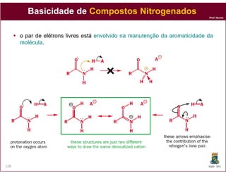 Basicidade de Compostos Nitrogenados
                                                                             Prof. Nunes




      o par de elétrons livres está envolvido na manutenção da aromaticidade da
      molécula.
      molécula




128                                                                          DQOI - UFC
 