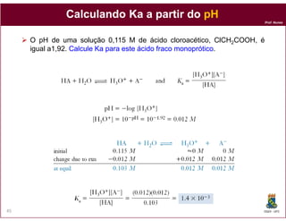 Calculando Ka a partir do pH
                                                                       Prof. Nunes




     O pH de uma solução 0,115 M de ácido cloroacético, ClCH2COOH, é
     igual a1,92. Calcule Ka para este ácido fraco monoprótico
                                                   monoprótico.




45                                                                 DQOI - UFC
 