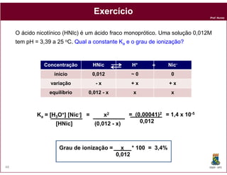 Exercício
                                                                               Prof. Nunes




     O ácido nicotínico (HNIc) é um ácido fraco monoprótico. Uma solução 0,012M
     tem pH = 3,39 a 25 oC. Qual a constante Ka e o grau de ionização?



                Concentração        HNic            H+     +      Nic-
                    início          0,012          ~0              0
                  variação           -x            +x             +x
                  equilíbrio     0,012 - x          x              x



             Ka = [H3O+] [Nic-] =         x2       = (0,00041)2 = 1,4 x 10-5
                    [HNic]          (0,012 - x)        0,012



                      Grau de ionização =        x * 100 = 3,4%
                                               0,012

48                                                                             DQOI - UFC
 