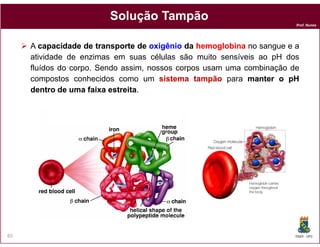 Solução Tampão
                                                                       Prof. Nunes




     A capacidade de transporte de oxigênio da hemoglobina no sangue e a
     atividade de enzimas em suas células são muito sensíveis ao pH dos
     fluídos do corpo. Sendo assim, nossos corpos usam uma combinação de
     compostos conhecidos como um sistema tampão para manter o pH
     dentro de uma faixa estreita
                          estreita.




65                                                                     DQOI - UFC
 