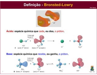 Definição - Bronsted-Lowry
                                                           Prof. Nunes




    Ácido:
    Ácido: espécie química que cede ou doa, o próton
                               cede,          próton.




    Base:
    Base: espécie química que recebe ou ganha, o próton
                              recebe,            próton.




7                                                          DQOI - UFC
 