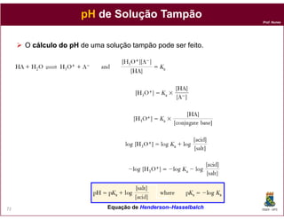pH de Solução Tampão
                                                                Prof. Nunes




     O cálculo do pH de uma solução tampão pode ser feito.




72                           Equação de Henderson–Hasselbalch
                                        Henderson–              DQOI - UFC
 