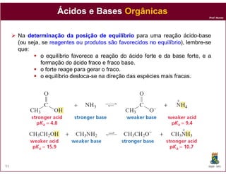 Ácidos e Bases Orgânicas
                                                                               Prof. Nunes




     Na determinação da posição de equilíbrio para uma reação ácido-base
     (ou seja, se reagentes ou produtos são favorecidos no equilíbrio lembre-se
                                                            equilíbrio),
     que:
              o equilíbrio favorece a reação do ácido forte e da base forte, e a
              formação do ácido fraco e fraco base.
              o forte reage para gerar o fraco.
              o equilíbrio desloca-se na direção das espécies mais fracas.




93                                                                             DQOI - UFC
 