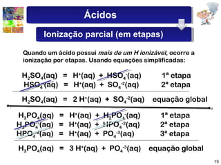 Quando um ácido possui  mais de um H ionizável , ocorre a ionização por etapas. Usando equações simplificadas: H 2 SO 4 (aq)  =  2 H + (aq)  +  SO 4 -2 (aq)  H 2 SO 4 (aq)  =  H + (aq)  +  HSO 4 - (aq)  1ª etapa HSO 4 - (aq)  =  H + (aq)  +  SO 4 -2 (aq)  2ª etapa equação global H 3 PO 4 (aq)  =  3 H + (aq)  +  PO 4 -3 (aq) H 3 PO 4 (aq)  =  H + (aq)  +  H 2 PO 4 - (aq)  1ª etapa H 2 PO 4 - (aq)  =  H + (aq)  +  HPO 4 -2 (aq)  2ª etapa HPO 4 -2 (aq)  =  H + (aq)  +  PO 4 -3 (aq)  3ª etapa equação global Ácidos Ionização parcial (em etapas) 