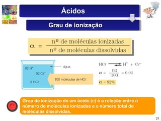 Grau de ionização de um ácido (α) é a relação entre o número de moléculas ionizadas e o número total de moléculas dissolvidas. Ácidos Grau de ionização 