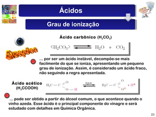 Exceções Ácido carbônico  (H 2 CO 3 ) Ácido acético  (H 3 CCOOH) ... por ser um ácido instável, decompõe-se mais facilmente do que se ioniza, apresentando um pequeno grau de ionização. Assim, é considerado um ácido fraco, não seguindo a regra apresentada. ... pode ser obtido a partir do álcool comum, o que acontece quando o vinho azeda. Esse ácido é o principal componente do vinagre e será estudado com detalhes em Química Orgânica. Ácidos Grau de ionização 