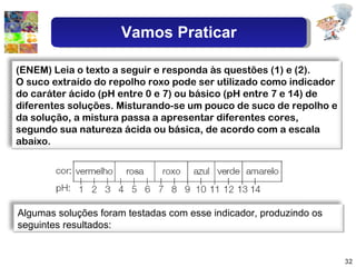 (ENEM) Leia o texto a seguir e responda às questões (1) e (2). O suco extraído do repolho roxo pode ser utilizado como indicador do caráter ácido (pH entre 0 e 7) ou básico (pH entre 7 e 14) de diferentes soluções. Misturando-se um pouco de suco de repolho e da solução, a mistura passa a apresentar diferentes cores, segundo sua natureza ácida ou básica, de acordo com a escala abaixo. Vamos Praticar Algumas soluções foram testadas com esse indicador, produzindo os seguintes resultados: 