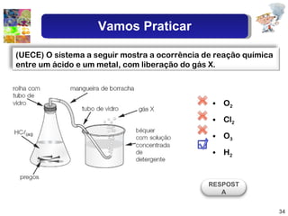 O 2 Cl 2 O 3 H 2 (UECE) O sistema a seguir mostra a ocorrência de reação química entre um ácido e um metal, com liberação do gás X. RESPOSTA Vamos Praticar 