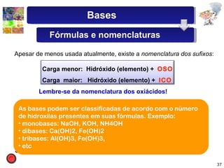 Apesar de menos usada atualmente, existe a  nomenclatura dos sufixos : Lembre-se da nomenclatura dos oxiácidos! Fe(OH) 2  : hidróxido ferr oso . Fe(OH) 3  : hidróxido férr ico . CuOH : hidróxido cupr oso . Cu(OH) 2  : hidróxido cúpr ico . AuOH : hidróxido aur oso . Au(OH) 3  : hidróxido áur ico . Sn(OH) 2  : hidróxido estan oso . Sn(OH) 4  : hidróxido estân ico . As bases podem ser classificadas de acordo com o número de hidroxilas presentes em suas fórmulas. Exemplo:  monobases: NaOH, KOH, NH4OH dibases: Ca(OH)2, Fe(OH)2 tribases: Al(OH)3, Fe(OH)3, etc Bases Fórmulas e nomenclaturas Carga menor:  Hidróxido (elemento) +  OSO Carga  maior:  Hidróxido (elemento) +  ICO 