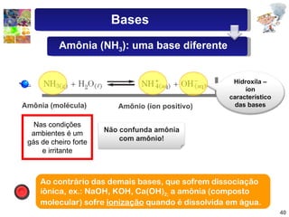 Amônia (molécula) Amônio (íon positivo) Ao contrário das demais bases, que sofrem dissociação iônica, ex.: NaOH, KOH, Ca(OH) 2;  a amônia (composto molecular) sofre  ionização  quando é dissolvida em água. Nas condições ambientes é um gás de cheiro forte e irritante Bases Amônia (NH 3 ): uma base diferente Hidroxila – íon característico das bases Não confunda amônia com amônio! 