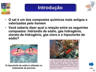 O sal é um dos compostos químicos mais antigos e valorizados pelo homem Você saberia dizer qual a relação entre os seguintes compostos: hidróxido de sódio, gás hidrogênio, cloreto de hidrogênio, gás cloro e o hipoclorito de sódio? O hipoclorito de sódio é utilizado no tratamento de piscinas Introdução 