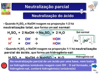 Quando H 2 SO 4  e NaOH reagem na proporção 1:2 há  neutralização total , que forma um  sal normal : H 2 SO 4  +  2 NaOH    Na 2 SO 4   +  2 H 2 O Sal normal Na  +   2 SO  2 4 -  1 H +  +  OH -      H OH   Quando H 2 SO 4  e NaOH reagem na proporção 1:1 há  neutralização parcial do ácido , que forma um  hidrogênio-sal : H 2 SO 4  +  NaOH    NaHSO 4   +  H 2 O Hidrogênio-sal Na  +   1 HSO  2 4 -  1 H +  +  OH -      H OH   H +  +  OH -      H OH   H +     não é neutralizado Na neutralização parcial de um ácido por uma base, nem todos os hidrogênios ionizáveis reagem com OH  - . O sal formado, um hidrogênio-sal, conterá hidrogênio(s) ionizáve(is) Neutralização parcial Neutralização do ácido 