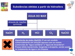 Soda cáustica : é um sólido iônico branco, muito higrocópico. É uma base muito forte, possui efeito altamente corrosivo sobre a pele. Apresenta grande tendência a reagir com gorduras, é usada na fabricação de limpadores  de forno e  na fabricação de sabão e papel. Gás hidrogênio (H 2 ) : A substância simples hidrogênio é um gás sem cheiro e sem cor, que pode ser obtido a partir da água por uma reação química chamada de eletrólise da água (isto é, decomposição da água pela eletricidade).  Cloreto de hidrogênio (HCl) : É um gás tóxico que quando dissolvido em água, recebe o nome de ácido clorídrico. O HCl é fabricado por meio da reação entre os gases H 2  e Cl 2 . Soluções aquosas de HCl (razoavelmente impuras) são vendidas comercialmente com o nome de ácido muriático.  Gás Cloro (Cl 2 ) : É um gás amarelo-esverdeado, altamente tóxico, que ao ser borbulhado em água, reage com ela, formando HCl(aq) e HClO(aq). O HClO na forma aquosa, se ioniza produzindo o íon hipoclorito (ClO-), que atua como agente bactericida no tratamento de água.  Hipoclorito de sódio (NaClO) : É um sal vendido comercialmente em solução aquosa com os nomes comerciais de “água sanitária” e “água de lavanderia”.  Possui efeito bactericida, fungicida e alvejante, sendo usado no tratamento de água e em limpeza  Substâncias obtidas a partir da hidrosfera 