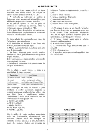 QUIMIKAIRES.COM
2
b) É uma base fraca, pouco solúvel em água
destilada, mas muito estável em função da
atração elétrica entre os íons NH4
+1
e OH-
.
c) A molécula de hidróxido de amônio é
fortemente polar, tem geometria tetraédrica, com
a hidroxila ocupando o centro do tetraedro.
d) Na prática, quando se fala do grau de
ionização do hidróxido de amônio, refere-se,
portanto, ao grau de ionização do NH3.
e) É a única base da química inorgânica que,
dissolvida em água, origina um meio neutro em
função da volatilidade da amônia.
9). Com relação às propriedades das bases de
Arrhenius, é incorreto afirmar:
a) O hidróxido de amônio é uma base não
metálica, bastante solúvel em água.
b) Metais alcalinos formam monobases com alto
grau de dissociação.
c) As bases formadas pelos metais alcalino
terrosos são fracas, pois são moleculares por sua
própria natureza.
d) Os hidróxidos dos metais alcalino terrosos são
pouco solúveis em água.
e) Uma base é tanto mais forte quanto maior for
seu grau de ionização.
10). A tabela a seguir fornece a força e a
solubilidade de bases em água:
Para desentupir um cano de cozinha e para
combater a acidez estomacal, necessita-se,
respectivamente, de uma base forte e solúvel e de
uma base fraca e parcialmente solúvel.
Consultando a tabela dada, conclui-se que as
fórmulas dessas bases podem ser:
a) Ba(OH)2 e Fe(OH)3
b) Al(OH)3 e NaOH
c) KOH e Ba(OH)2
d) Cu(OH)2 e Mg(OH)2
e) NaOH e Mg(OH)2
11). A acidez de vários produtos domésticos
pode ser demonstrada adicionando-se um
indicador (repolho roxo, por exemplo). O
vermelho indica a acidez, e o azul, basicidade.
Quais dos produtos abaixo, em presença de
indicador, ficariam, respectivamente, vermelho e
azul?
a) suco de limão e álcool.
b) leite de magnésia e detergente.
c) soda cáustica e álcool.
d) soda cáustica e amoníaco.
e) suco de limão e leite de magnésia.
12). O sangue do diabo é um líquido vermelho
que logo se descora ao ser aspergido sobre um
tecido branco. Para prepará-lo, adiciona-se
NH4OH em água, contendo algumas gotas de
fenolftaleína. A cor desaparece porque:
a) O tecido branco reage com a solução
formando ácido amoníaco.
b) A fenolftaleína evapora.
c) A fenolftaleína reage rapidamente com o
NH4OH.
d) O NH3 logo evapora.
e) A solução é assim denominada devido à sua
alta viscosidade.
GABARITO
01 02 03 04 05 06
D B A C C E
07 08 09 10 11 12
E D C E E D
 