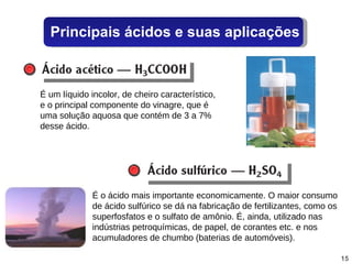 É um líquido incolor, de cheiro característico, e o principal componente do vinagre, que é uma solução aquosa que contém de 3 a 7% desse ácido. É o ácido mais importante economicamente. O maior consumo de ácido sulfúrico se dá na fabricação de fertilizantes, como os superfosfatos e o sulfato de amônio. É, ainda, utilizado nas indústrias petroquímicas, de papel, de corantes etc. e nos acumuladores de chumbo (baterias de automóveis). Principais ácidos e suas aplicações 