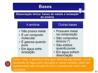 (*) Os hidróxidos de metais que não sejam alcalinos nem alcalinos terrosos apresentam um caráter covalente bastante acentuado. Como vimos, a amônia é uma base diferente das demais: ao ser dissolvida em água sofre ionização e, nesse contexto, pode ser representada pela fórmula NH 4 OH e considerada como uma monobase Bases Dissociação iônica: bases de metais e ionização da amônia 