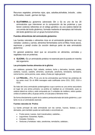 Recursos vegetales: pimientos rojos, ajos, cebollas,elchallote, brócolis , coles
de Bruselas, muesli , germen de trigo.
GLUTAMINA.-La glutamina (abreviada Gln o Q) es uno de los 20
aminoácidos que intervienen en la composición de las proteínas y que
tienen codones referentes en el código genético; es una cadena lateral de
una amida del ácido glutámico, formada mediante el reemplazo del hidroxilo
del ácido glutámico con un grupo funcional amina.
Fuentes alimenticias del aminoácido glutamina
Las fuentes naturales o alimentos ricos en el aminoácido glutamina son muy
variadas: Lácteos y carnes; alimentos fermentados como el Miso; frutos secos,
espinacas y perejil crudos (la cocción destruye parte de este aminoácido
glutamina)
En general podemos decir que se encuentra en alimentos, animales y
vegetales ricos en proteínas.
GLICINA.- Es un aminoácido proteico no-esencial para la puesta en marcha
del organismo.
Las principales fuentes alimentos de la glicina:
son calabaza, guisante, frijol, cebada, centeno, leche y derivados, boniato, patata,
avellana, nueces, castaña, almendra, cacahuete, zanahoria, remolacha, berenjena,
carne bovina, carne porcina, aves, setas y frutas por regla general.
LA PROLINA._ (Pro, P) es uno de los aminoácidos que forman las proteínas de
los seres vivos. En el ARN mensajero está codificada como CCU, CCC, CCA o
CCG.
Se trata del único aminoácido proteinogénico cuya α-amina es una amina secundaria
en lugar de una amina primaria. La prolina en realidad es un iminoácido, pues su
cadena lateral es cíclica y está compuesta por 3 unidades de metileno; estos quedan
unidos al carbono alfa y al grupo amino, el cual pasa a llamarse imino.
Se forma directamente a partir de la cadena pentacarbonada del ácido glutámico, y por
tanto no es un aminoácido esencial.
Fuentes naturales de Prolina
La fuente principal de este aminoácido son las carnes, huevos, lácteos y sus
derivados, pero también puede ser estimulado o encontrado en:
Frutos secos: nueces, maní (cacahuetes), castañas...
Legumbres: Guisantes, frijoles...
Cereales: Centeno...
Verduras y hortalizas: nabo, zanahorias, remolacha, calabaza...
 