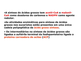 •A síntese de ácidos graxos tem acetil-CoA e malonil-
CoA como doadores de carbonos e NADPH como agente
redutor.
•As atividades enzimáticas para síntese de ácidos
graxos nos eucariotos estão presentes em uma única
cadeia polipeptídica da ácido graxo sintase.
• Os intermediários na síntese de ácidos graxos são
ligados a sufidrila terminal da fosfopanteteína ligada a
proteína carreadora de acilas (ACP)
 