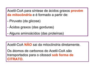 Acetil-CoA para síntese de ácidos graxos provém
da mitocôndria e é formado a partir de:
- Piruvato (da glicose)
- Ácidos graxos (das gorduras)
- Alguns aminoácidos (das proteínas)


Acetil-CoA NÃO sai da mitocôndria diretamente.
Os átomos de carbonos do Acetil-CoA são
transportados para o citossol sob forma de
CITRATO.
 
