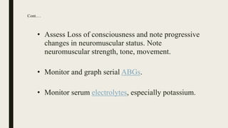 Cont.…
• Assess Loss of consciousness and note progressive
changes in neuromuscular status. Note
neuromuscular strength, tone, movement.
• Monitor and graph serial ABGs.
• Monitor serum electrolytes, especially potassium.
 
