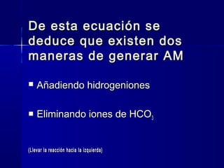De esta ecuación se
deduce que existen dos
maneras de generar AM

   Añadiendo hidrogeniones

   Eliminando iones de HCO3


(Llevar la reacción hacia la izquierda)
 