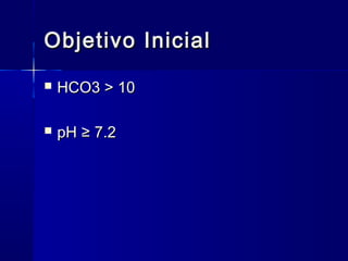 Objetivo Inicial
   HCO3 > 10

   pH ≥ 7.2
 