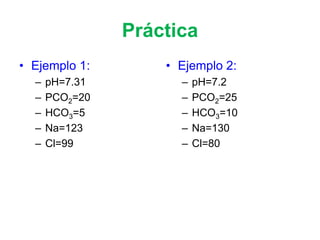 Práctica
• Ejemplo 1:        • Ejemplo 2:
  –   pH=7.31         –   pH=7.2
  –   PCO2=20         –   PCO2=25
  –   HCO3=5          –   HCO3=10
  –   Na=123          –   Na=130
  –   Cl=99           –   Cl=80
 