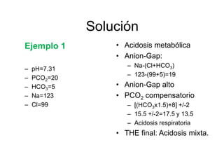Solución
Ejemplo 1         • Acidosis metabólica
                  • Anion-Gap:
                     – Na-(Cl+HCO3)
–   pH=7.31
                     – 123-(99+5)=19
–   PCO2=20
–   HCO3=5        • Anion-Gap alto
–   Na=123        • PCO2 compensatorio
–   Cl=99            – [(HCO3x1.5)+8] +/-2
                     – 15.5 +/-2=17.5 y 13.5
                     – Acidosis respiratoria
                  • THE final: Acidosis mixta.
 