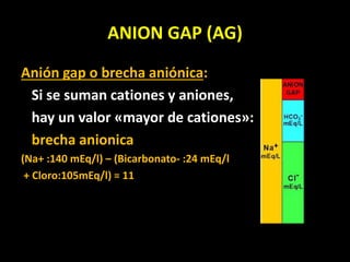 ANION GAP (AG)
Anión gap o brecha aniónica:
Si se suman cationes y aniones,
hay un valor «mayor de cationes»:
brecha anionica
(Na+ :140 mEq/l) – (Bicarbonato- :24 mEq/l
+ Cloro:105mEq/l) = 11
 