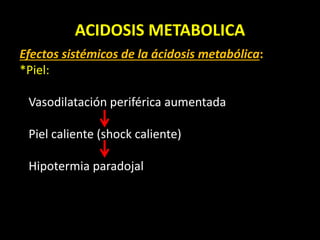 ACIDOSIS METABOLICA
Efectos sistémicos de la ácidosis metabólica:
*Piel:
Vasodilatación periférica aumentada
Piel caliente (shock caliente)
Hipotermia paradojal
 