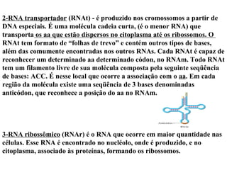 2-RNA transportador (RNAt) - é produzido nos cromossomos a partir de
DNA especiais. É uma molécula cadeia curta, (é o menor RNA) que
transporta os aa que estão dispersos no citoplasma até os ribossomos. O
RNAt tem formato de “folhas de trevo” e contém outros tipos de bases,
além das comumente encontradas nos outros RNAs. Cada RNAt é capaz de
reconhecer um determinado aa determinado códon, no RNAm. Todo RNAt
tem um filamento livre de sua molécula composta pela seguinte seqüência
de bases: ACC. É nesse local que ocorre a associação com o aa. Em cada
região da molécula existe uma seqüência de 3 bases denominadas
anticódon, que reconhece a posição do aa no RNAm.




3-RNA ribossômico (RNAr) é o RNA que ocorre em maior quantidade nas
células. Esse RNA é encontrado no nucléolo, onde é produzido, e no
citoplasma, associado às proteínas, formando os ribossomos.
 