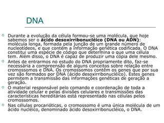 DNA
   Durante a evolução da célula formou-se uma molécula, que hoje
    sabemos ser o ácido desoxirribonucléico (DNA ou ADN):
    molécula longa, formada pela junção de um grande número de
    nucleotídeos, e que contém a informação genética codificada. O DNA
    constitui uma espécie de código que determina o que uma célula
    tem. Além disso, o DNA é capaz de produzir uma cópia dele mesmo.
   Antes de entrarmos no estudo do DNA propriamente dito, faz-se
    necessária a compreensão de alguns conceitos sobre relação entre
    cromossomos e DNA. Os cromossomos contêm os genes que por sua
    vez são formados por DNA (ácido desoxirribonucléico). Estes genes
    permitem a transmissão das informações genéticas de geração a
    geração.
   O material responsável pelo comando e coordenação de toda a
    atividade celular e pelas divisões celulares e transmissões das
    características hereditárias está representado nas células pelos
    cromossomos.
   Nas células procarióticas, o cromossomo é uma única molécula de um
    ácido nucléico, denominado ácido desoxirribonucléico, o DNA.
 