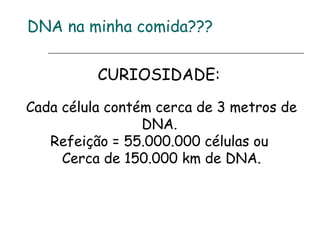 DNA na minha comida???
CURIOSIDADE:
Cada célula contém cerca de 3 metros de
DNA.
Refeição = 55.000.000 células ou
Cerca de 150.000 km de DNA.
 