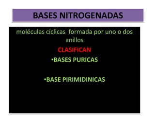 BASES NITROGENADAS
moléculas cíclicas formada por uno o dos
anillos
CLASIFICAN
•BASES PURICAS
•BASE PIRIMIDINICAS
 
