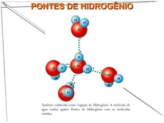 PONTES DE HIDROGÊNIOPONTES DE HIDROGÊNIO
Também conhecida como Ligação de Hidrogênio. A molécula de
água realiza quatro Pontes de Hidrogênio com as moléculas
vizinhas.
 